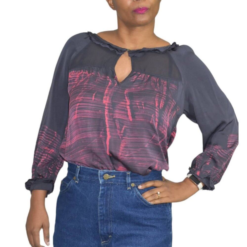 Gypsy 05 Silk Blouse Black Tunic Keyhole Ruffle Collar Top Tie Dye Boho Size XS